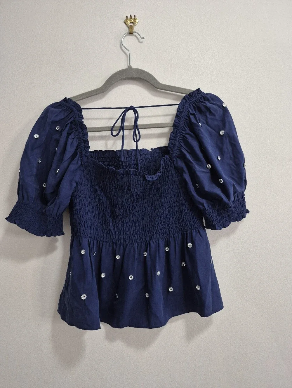Hill House Smocked Bejeweled Rhinestone Navy Crop Top Size Medium